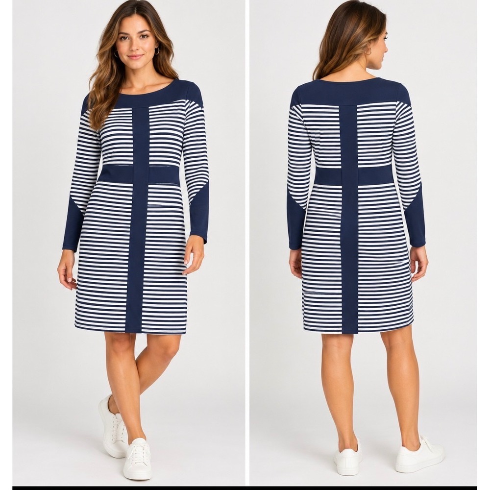 Mott50 UPF 50+ Navy White Striped Long Sleeve Dress Womens M Bamboo Rayon USA